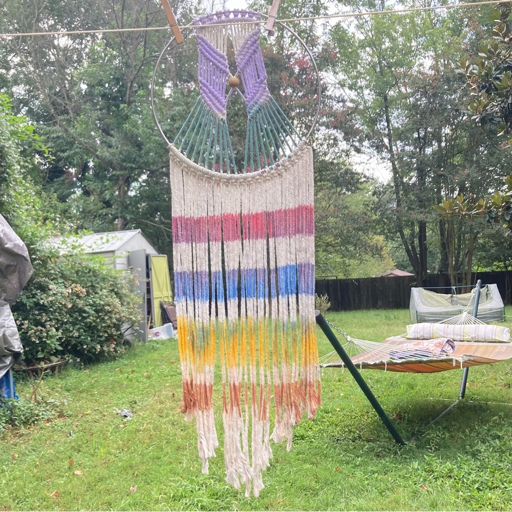 RAINBOW Handcrafted Macramé Wall Hanging with Metal Ring 29 x 10 inches
